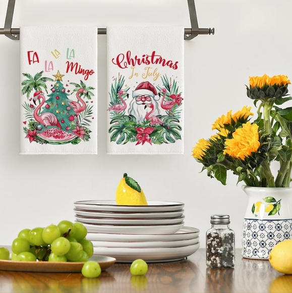 Christmas In July Santa Flamingo Tropical Dish Towel Set - Picture 2 of 5